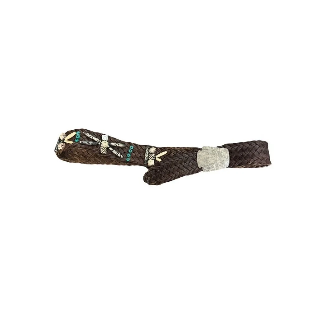 Boho Braided Brown Leather Belt Tribal Beaded Bone Accents One size adjustable